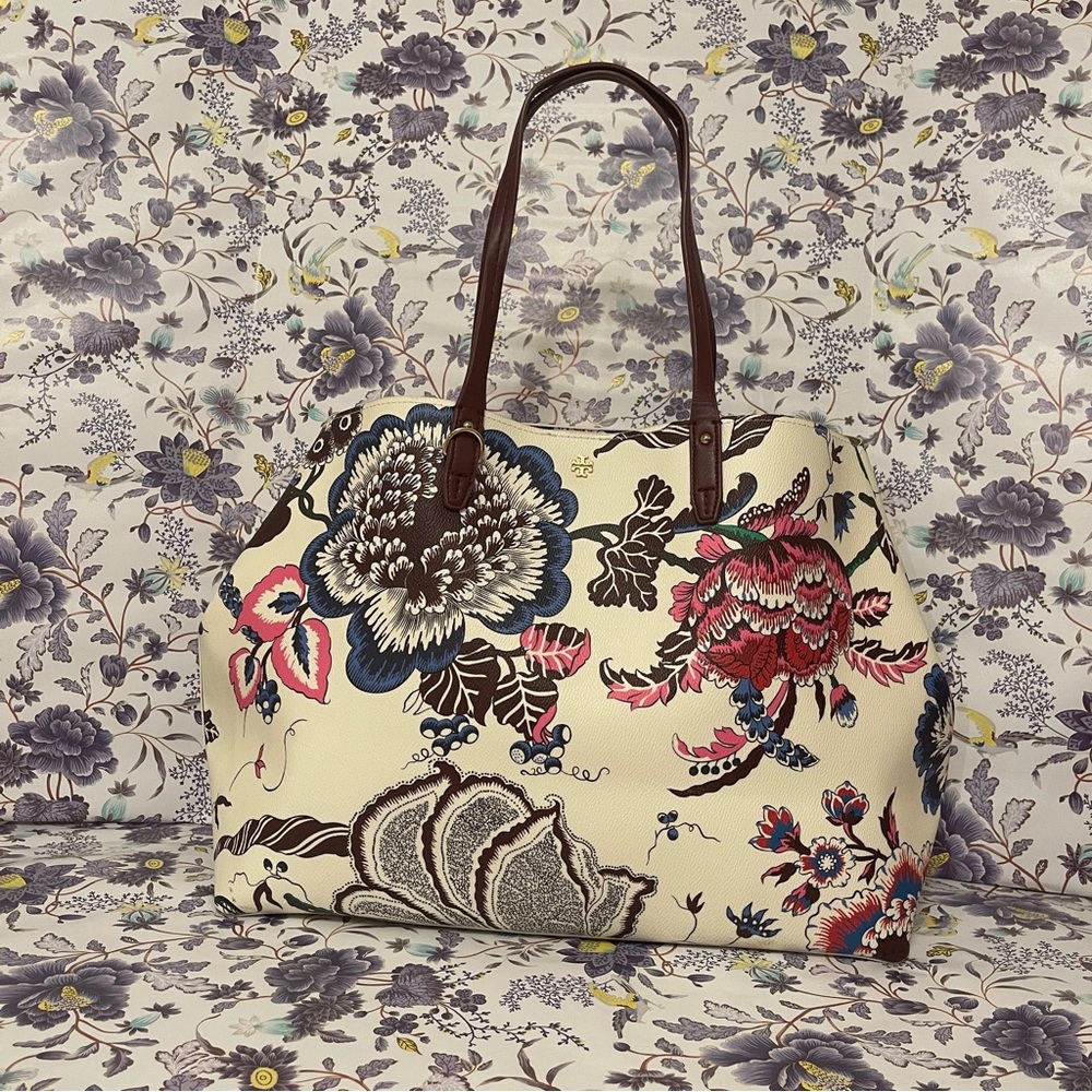 Tory Burch Floral Tote - Cream and Brown Authentic